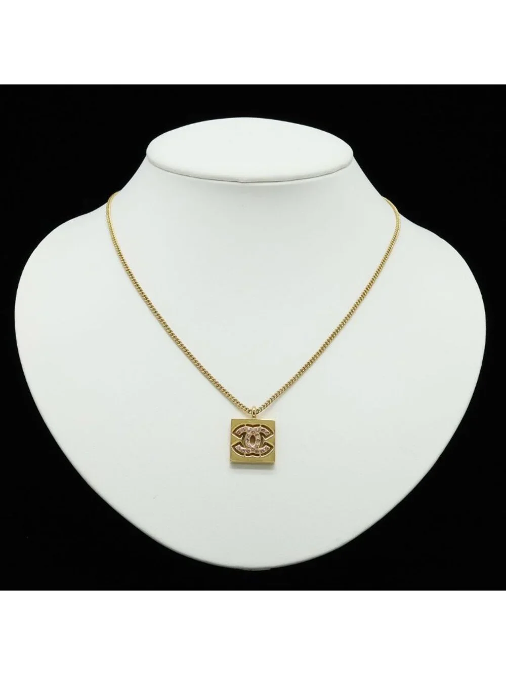 Chanel 01P Square CC Logo Pendant Rhinestone Gold Plated Pink Necklace